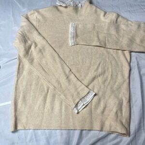 ZARA Cream Mock Neck Lace Trim Feminine Victorian‎ 80s Sweater Women's XXL
